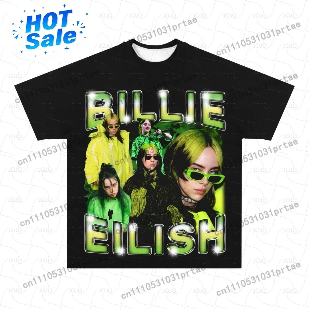 Street Fashion Men 2025 - Koszulka Billie Eilish z retro wzorem,
