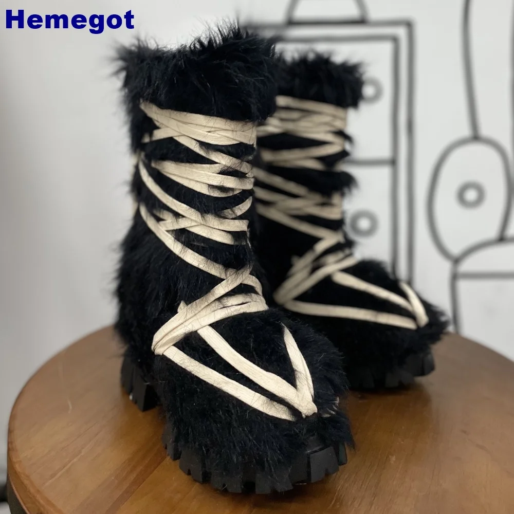 Street Fashion Y2K - Damskie czarne futrzane buty na platformie